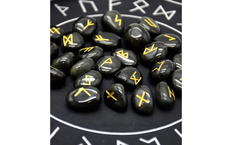 Набор скандинавских рун из золотистого обсидиана 25 шт + салфетка и мешочек — изображение 1